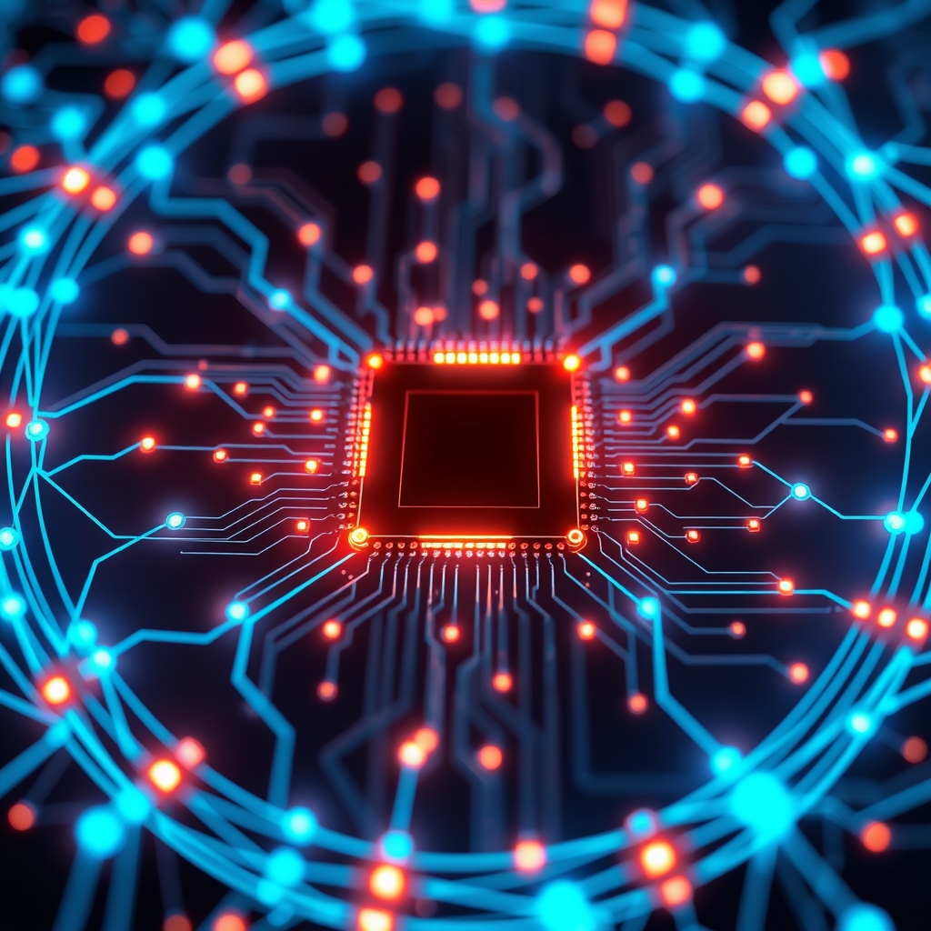 glowing quantum chip circuits with cascading blue light waves and interconnected