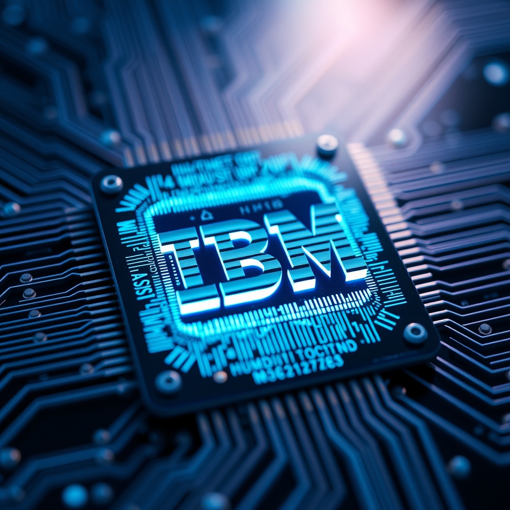 IBM quantum computing chip with blue circuitry glowing, extreme close-up, futuri