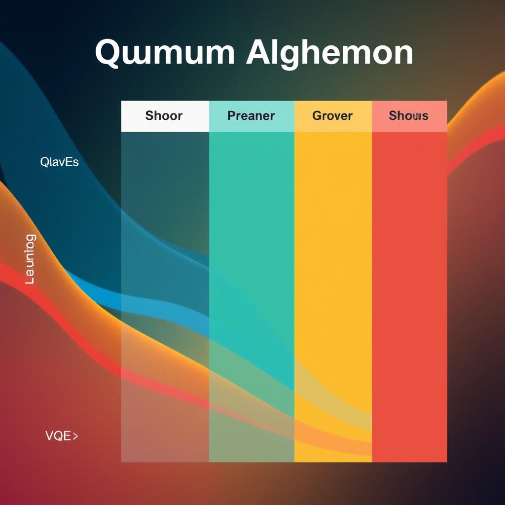abstract quantum algorithm comparison chart with five colored pathways represent