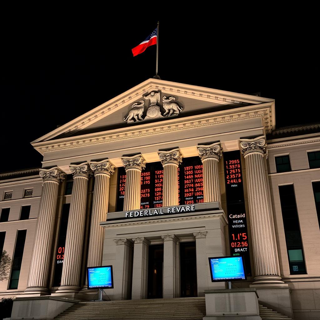 Federal Reserve building with financial data screens showing declining liquidity