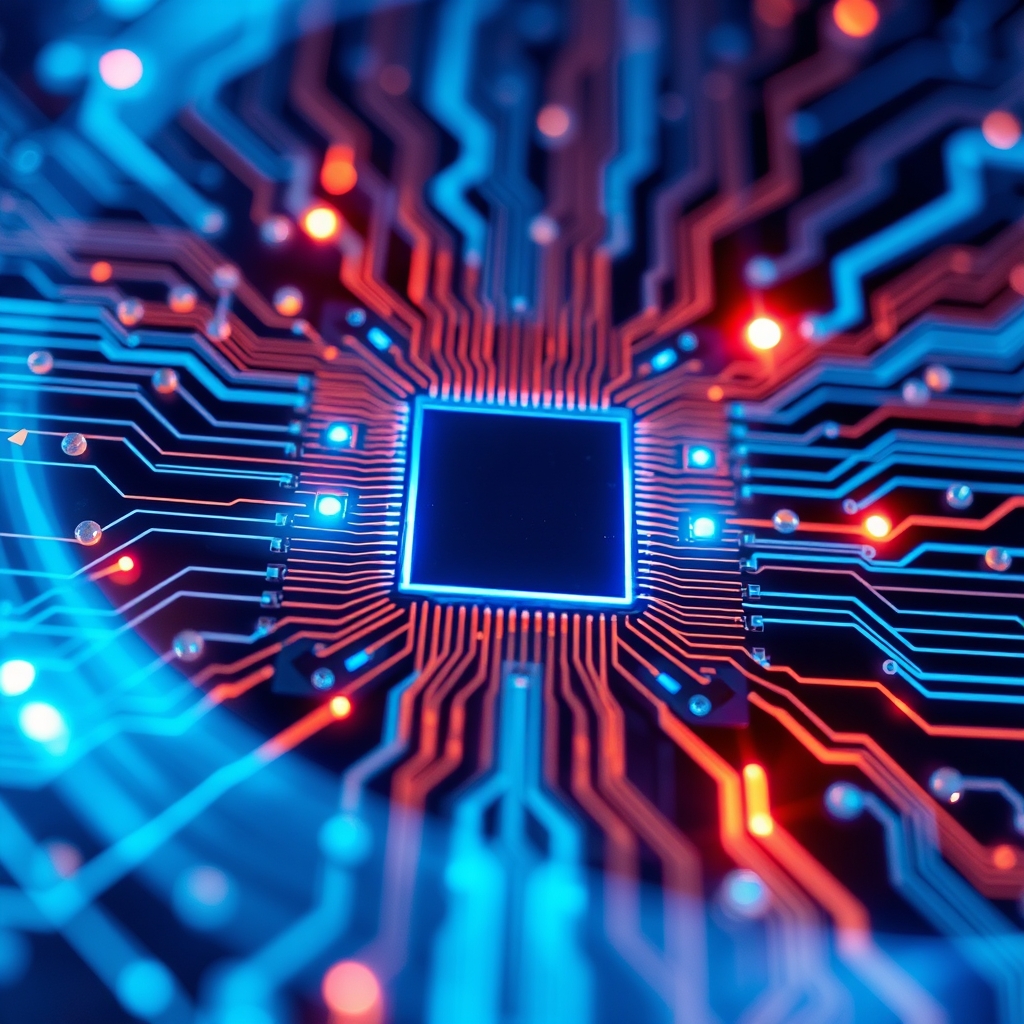 quantum chip circuits trapped ions blue light glowing abstract futuristic