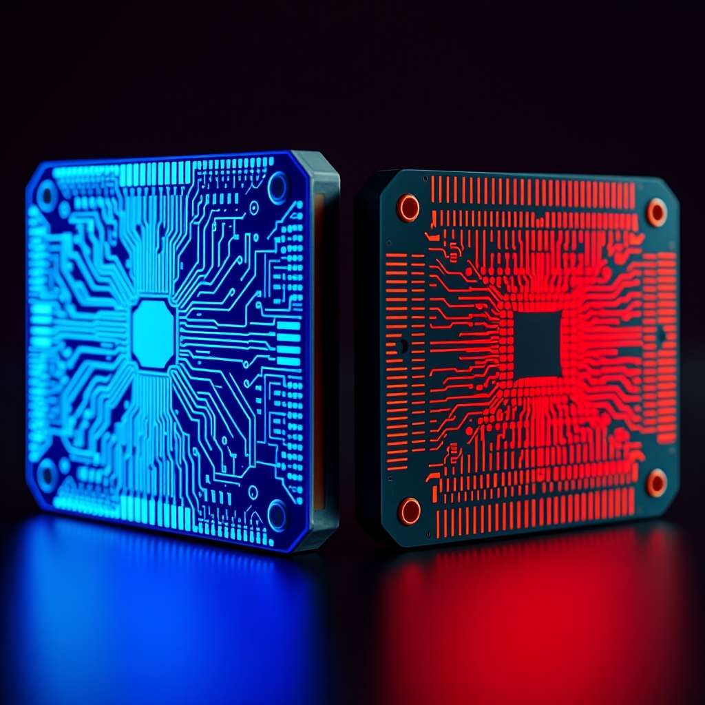 two quantum computing chips side by side, one glowing blue with intricate circui