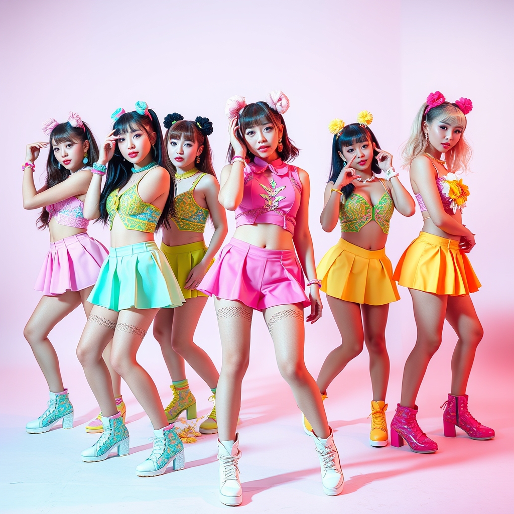 K-pop dancers in gyaru fashion bright colors makeup trendy outfit choreography