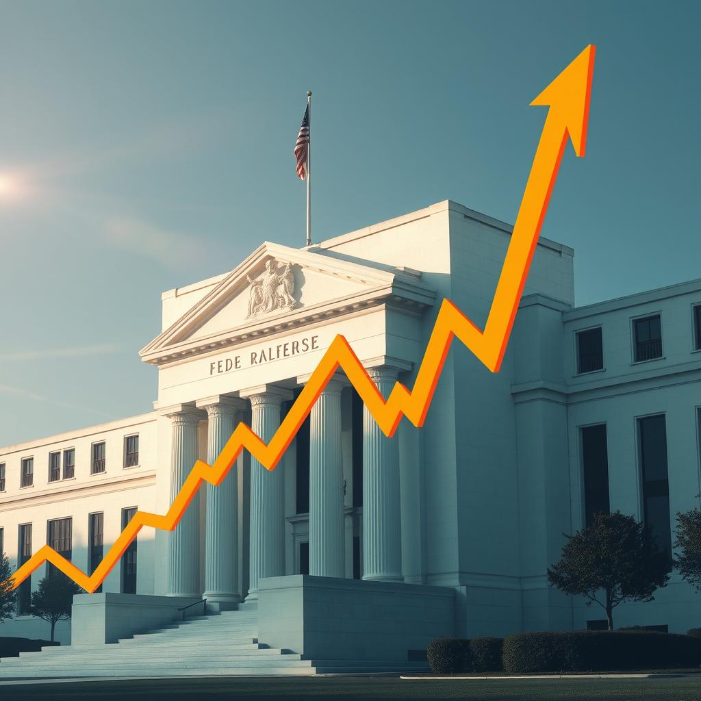 US Federal Reserve building with inflation chart and rising interest rate graph
