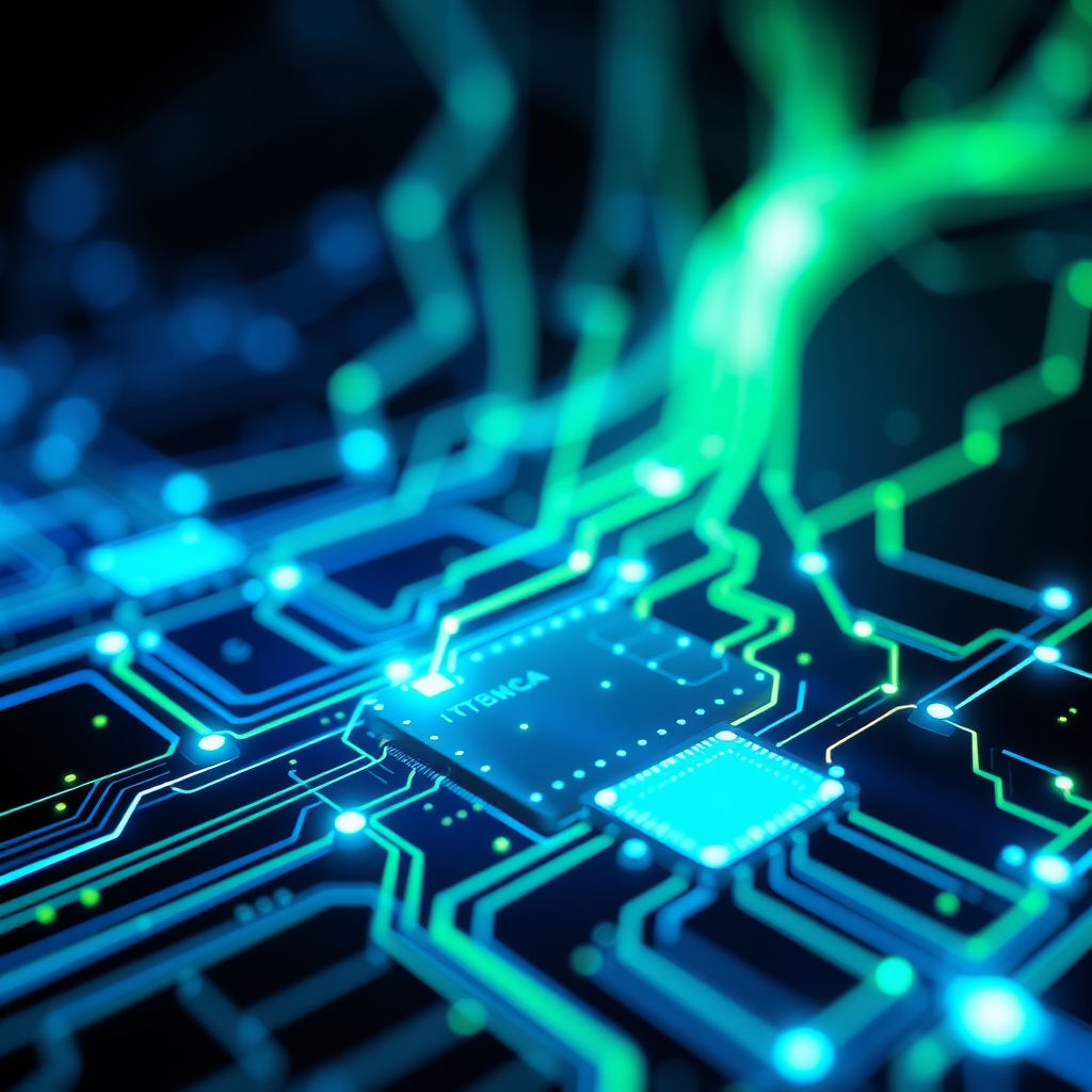 photonic quantum chip circuits with optical pathways glowing blue and green ligh