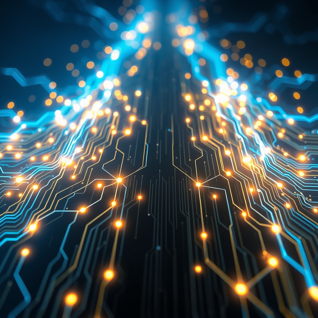 glowing quantum circuit board with interconnected nodes and blue light trails, a