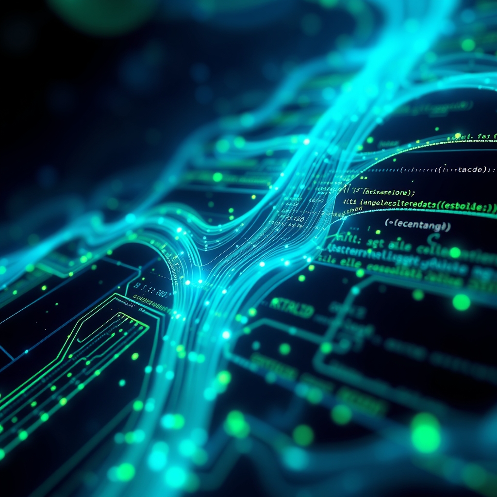 quantum circuit code flowing through abstract layers, blue and green glowing nod