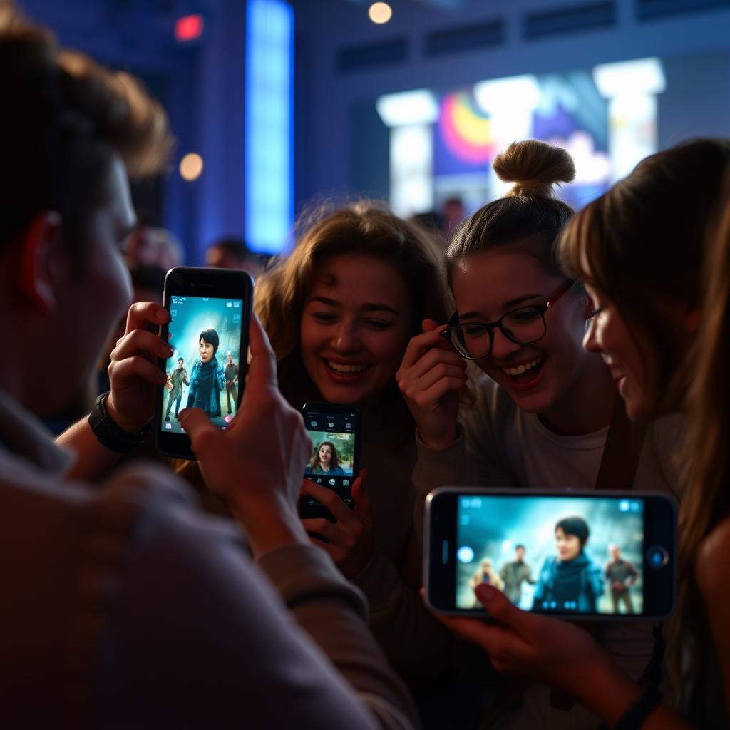 Excited fans watching movie trailer on phone screens, analyzing frames together